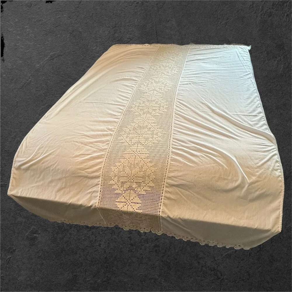 Vintage‎ White/Cream Crochet Panel Tablecloth Lace Edge Cottage Farmhouse 54x80